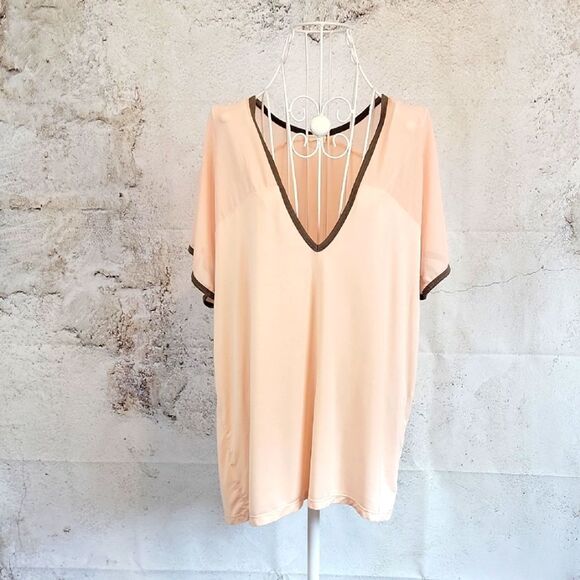 Euforia Bamboo Rayon Peach V-Neck Short Sleeve Top Womens Size L - Picture 1 of 10